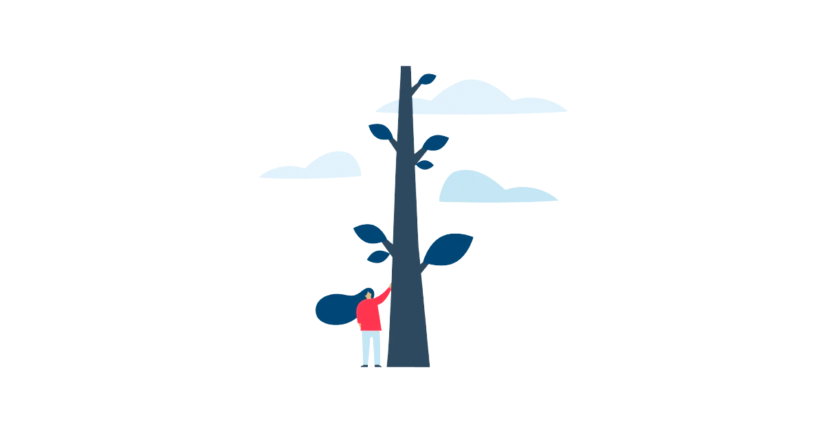 An illustration of a women in a red top standing next to the base of a large tree with clouds overhead