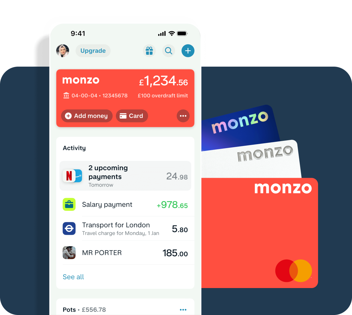 Overview screen of a Monzo user, showing a current balance of £1,234.56. Next to the screen is a hot coral Monzo card, a silver Monzo premium card, and a blue Monzo plus card.