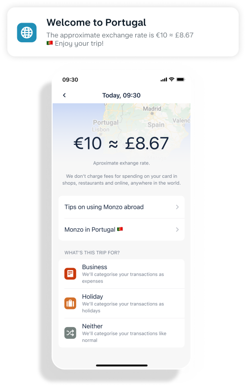 "Welcome to Portugal" notification above a screen showing the approximate exchange rate between euros and pounds.