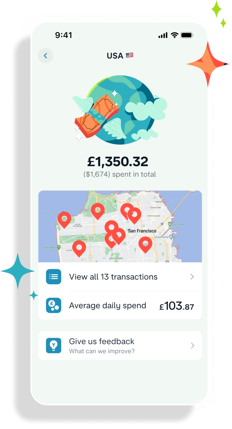 Travel spending summary screen showing total spend of £1,350.32 in the USA.