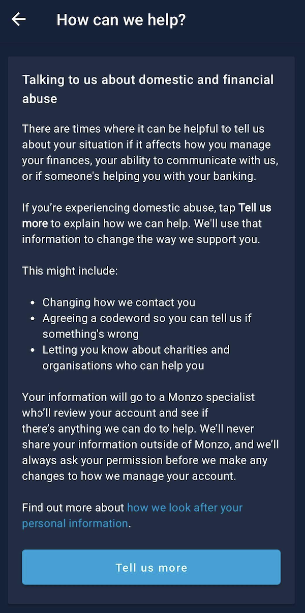 screenshot in app of economic abuse page 